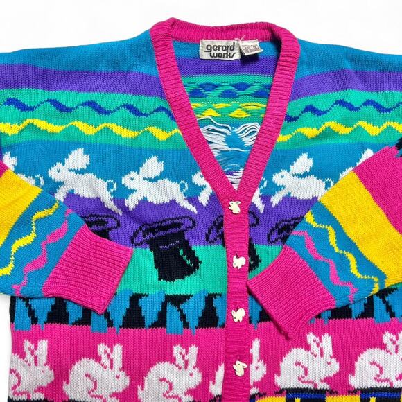 Gerard Works 80s Vintage Magician Magic Rabbit Sweater Cardigan Small - Picture 5 of 8